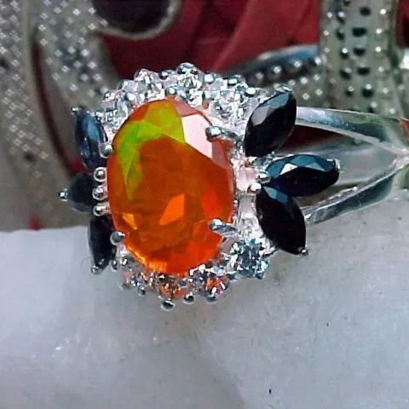 NATURAL MEXICAN FIRE OPAL RING AAA++ 9x7mm FACETED & BLUE SAPPHIRE 925 SS - Picture 6 of 11